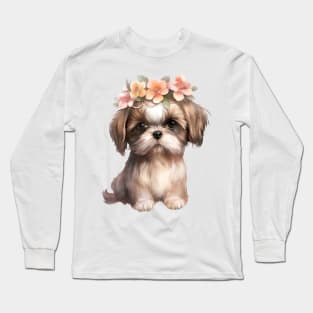 Watercolor Shih Tzu Dog with Head Wreath Long Sleeve T-Shirt